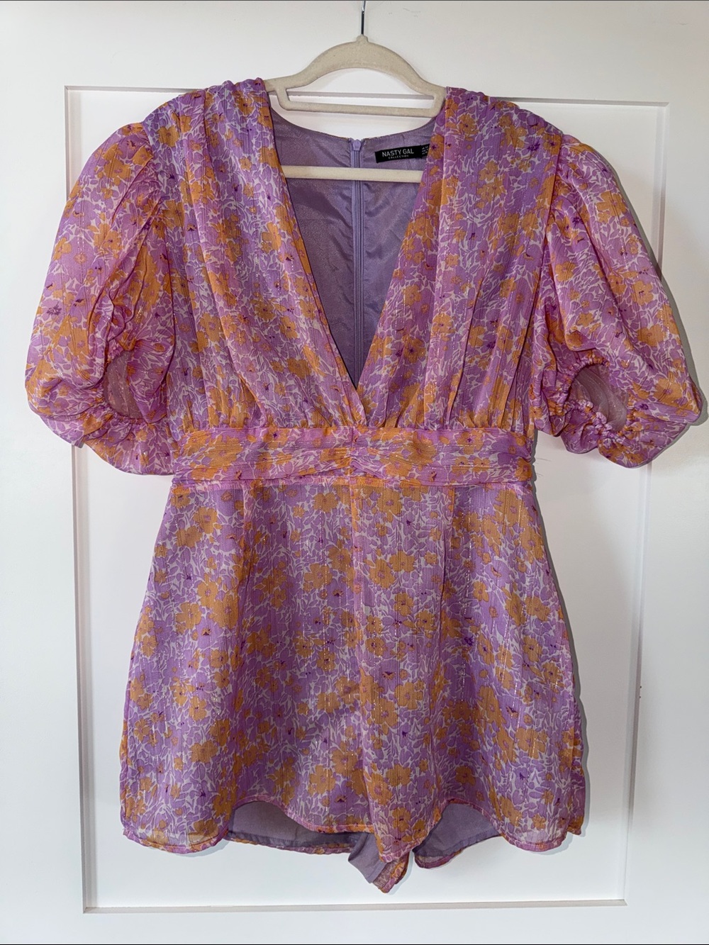 NASTY GAL Lavender and Orange Floral V-Neck Puff Sleeve Romper